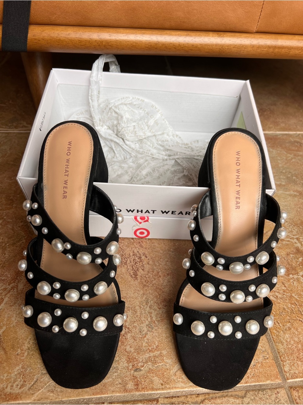 Who What Wear Black Pearl-Embellished Slide Sandals